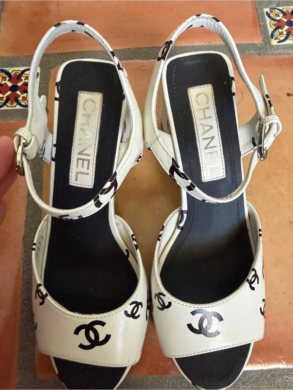 Coco Chanel White Logo Print Block Heel Sandals - Women